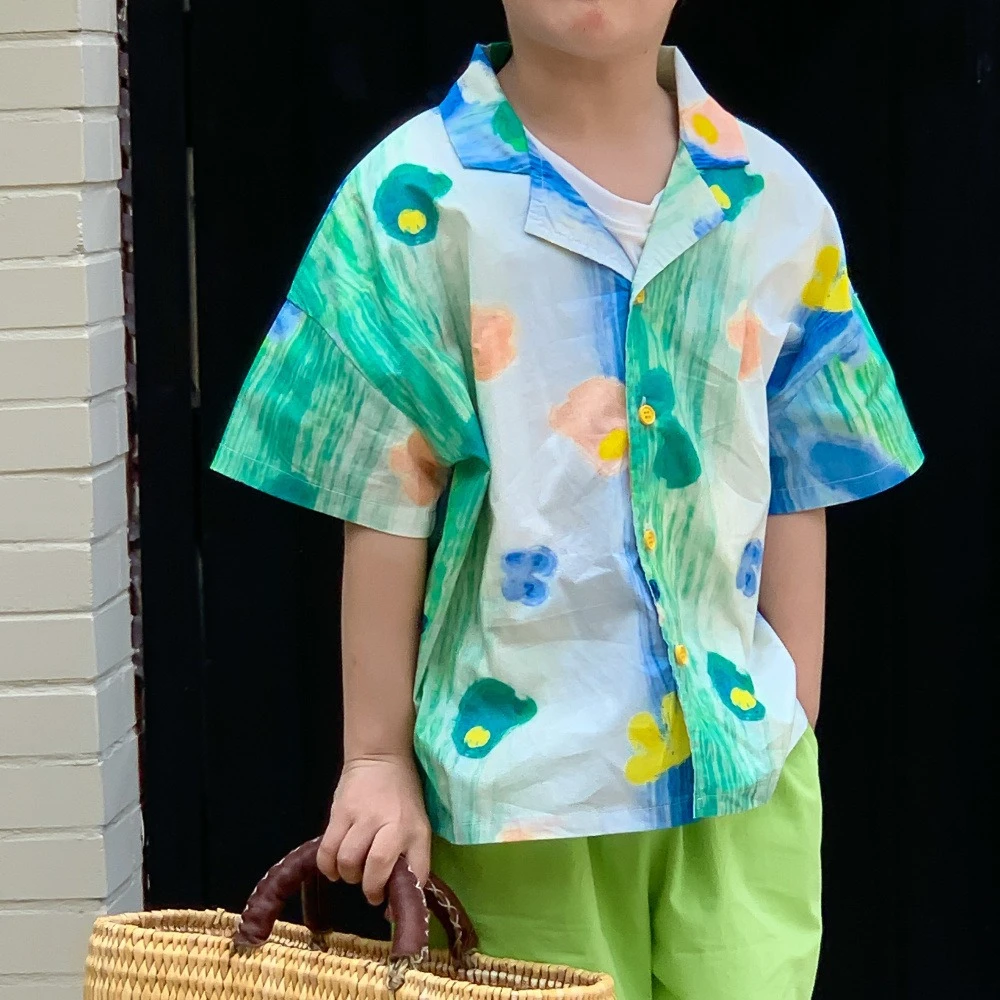 T-shirt 2026 Spring and Summer New Childrens Clothing Korean Boys and Girls Dizzy Lapel Shirt Halter Skirt Brother and Sister