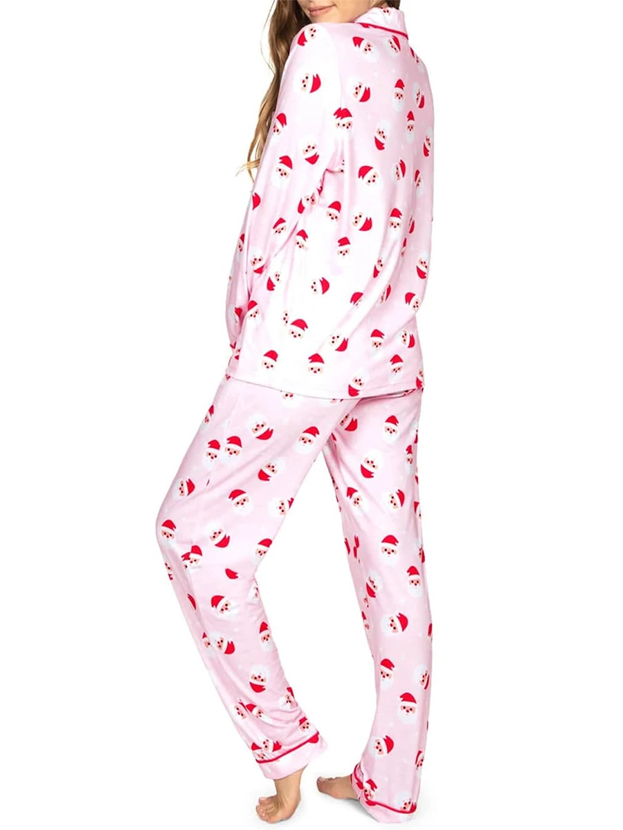 Frauen Weihnachten Pyjama Set Langarm Revers Knopf oben Santa Claus Print Hemd Hosen Nachtwäsche-Sets