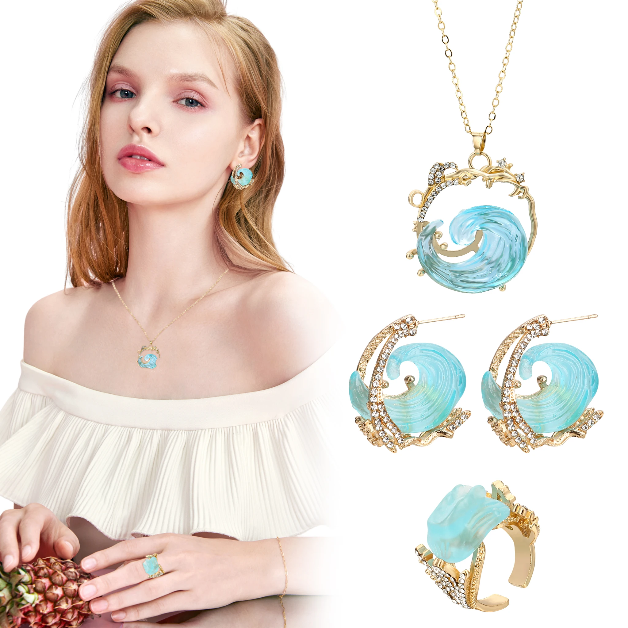 

Комплект ювелирных изделий «Клятва океана», синее ожерелье, серьги, кольцо, титановая сталь, кубическая цепочка 43 см, кулон, открытие, летняя пляжная тема