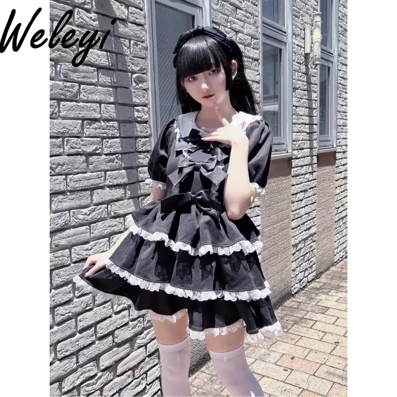 Jirai Kei Lolita Bow Cake Princess Dress Ropa De Mujer Super Fashion Sweet College Style Lace Doll Collar Lotus Leaf Y2k Dresses