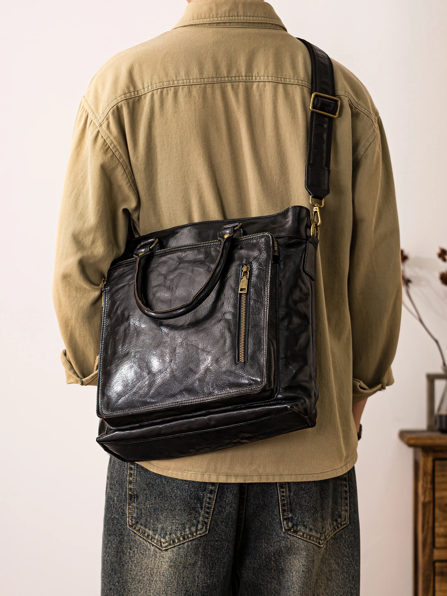 casual luxury genuine leather men black handbag daily work real cow leather A4 file messenger bag multifunctional shoulder bag
