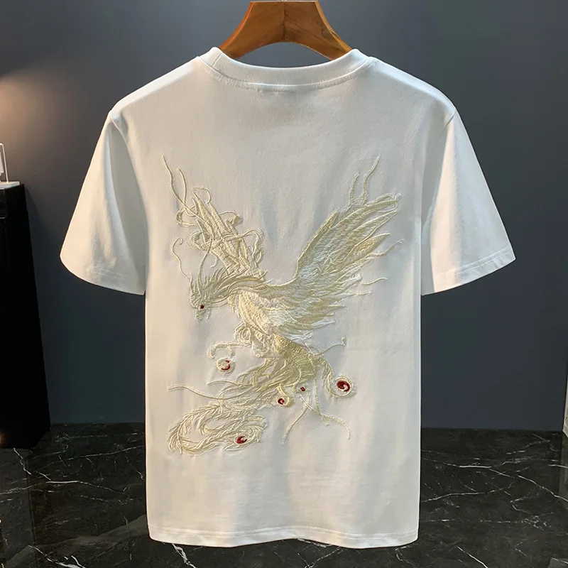 تي شيرت فينيكس مطرز بأكمام قصيرة للرجال في الصيف، مقاس نحيف، مرن، قميص كاجوال عصري مطبوع على الطراز الصيني
