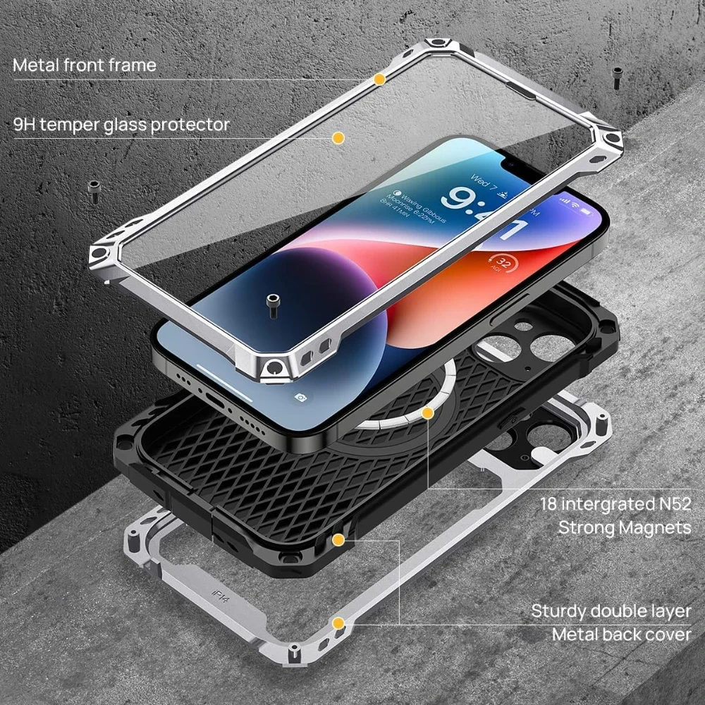 For iPhone 14 Pro Max Heavy Duty Shockproof Metal Magnetic Case With Camera Kickstand Glass Screen Protector Magsafe Charging