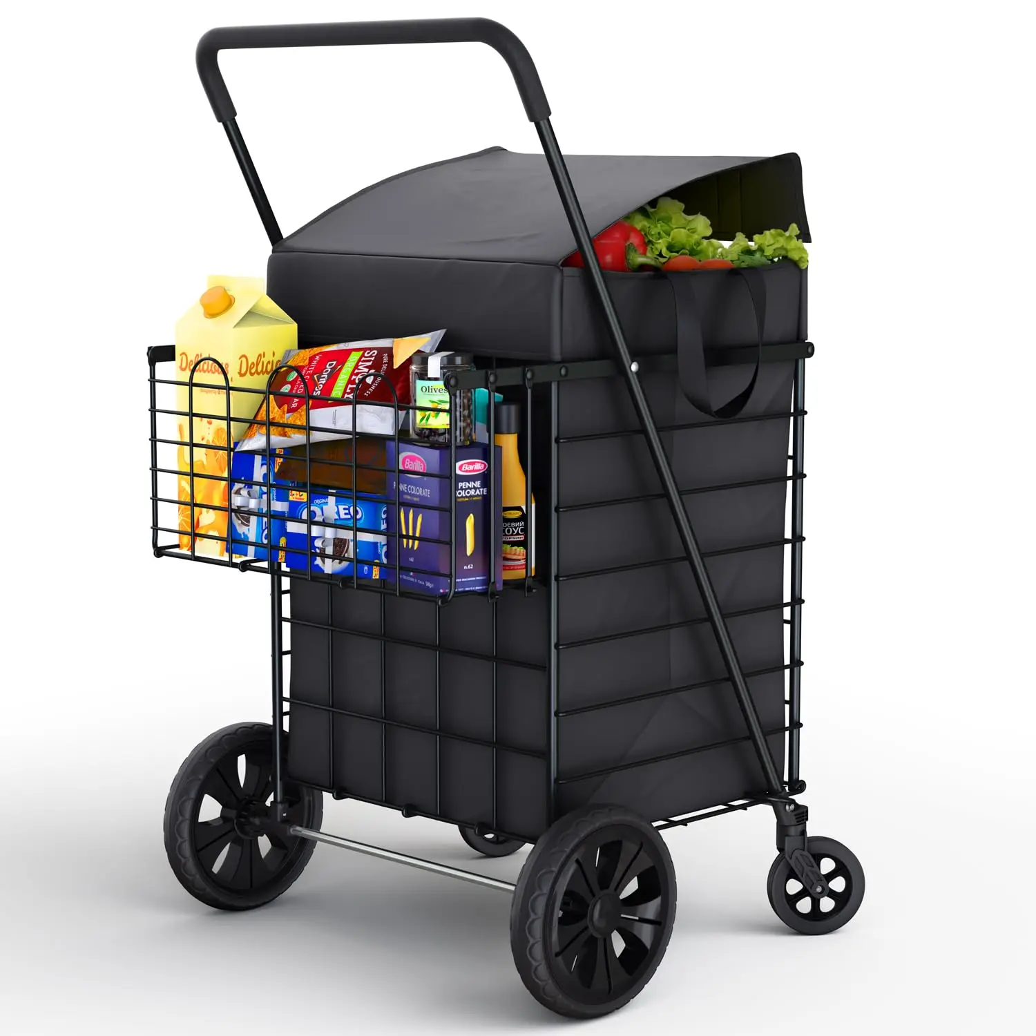Shopping Cart w/Waterproof Basket Liner & Large 360° Swivel Wheels | Foldable Collapsible & Lightweight | Perfect for