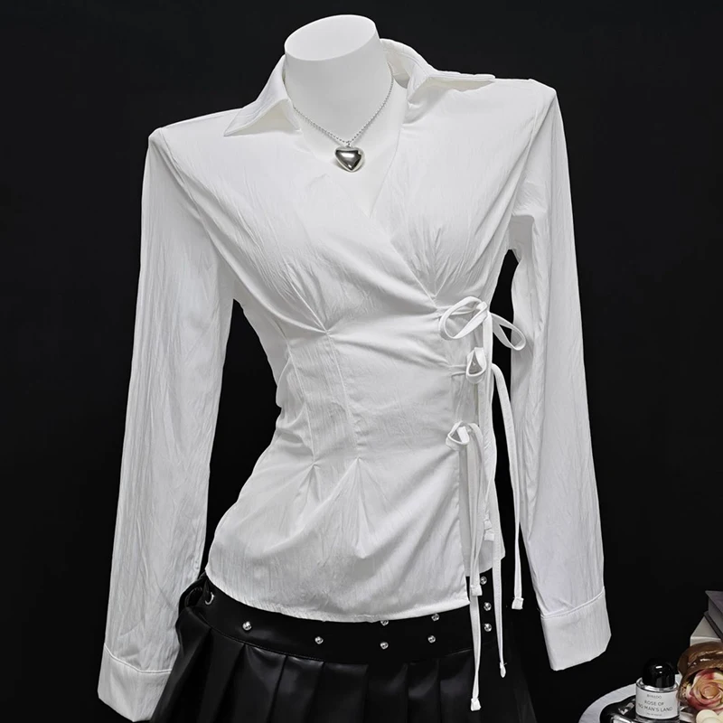 

Harajuku Women Elegant Wrap Blouse Slim Fit Sexy Tie-Waist Gothic Street Style Shirts Casual Lace-up Tops