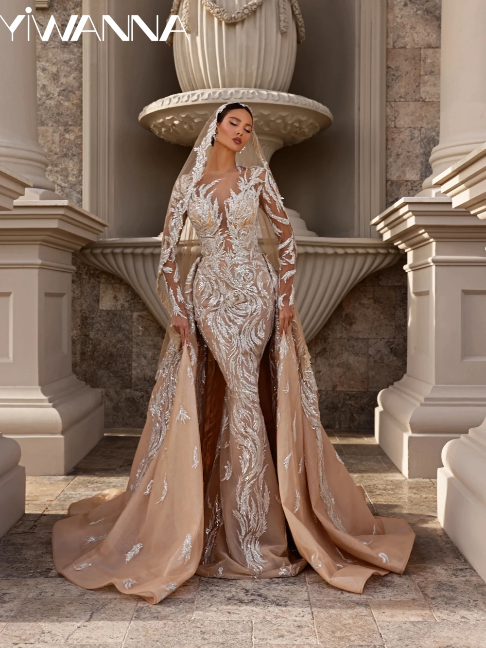 

Champagne Embroidery Beaded Lace Wedding Dress Detachable Train Exquisite Long Sleeve Bridal Gown Customized Dresses For Bride