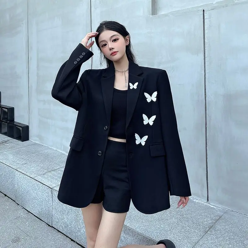 Butterfly Embroidered Black Suit Jacket Cardigan Long Sleeve Formal Fashion Top