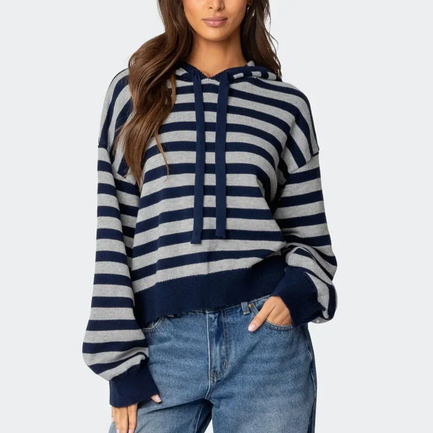 

hirigin Women Stripe Hooded Knitwear Tops Autumn Winter Ladies Pullover Sweater Outwear Lazy Style Long Sleeved Sweater