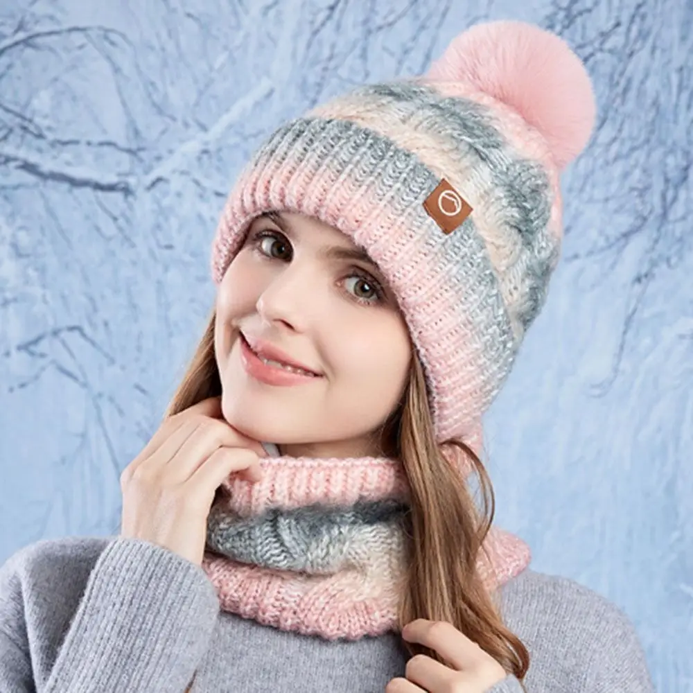 Gradient Color Knitted Hat Scarf Set Cold-proof Thickened Beanies Caps Windproof Winter Warm Ear Protection Cap for Woman