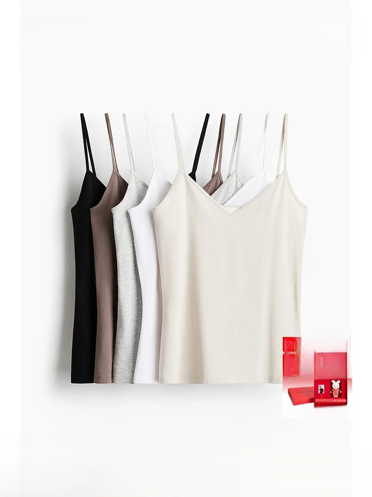 

H&M Women's Casual V-Ne Svel Strap Top Soft Slim Fit Spring Faion Soft Cotton Blend Regular Length Inner Wear