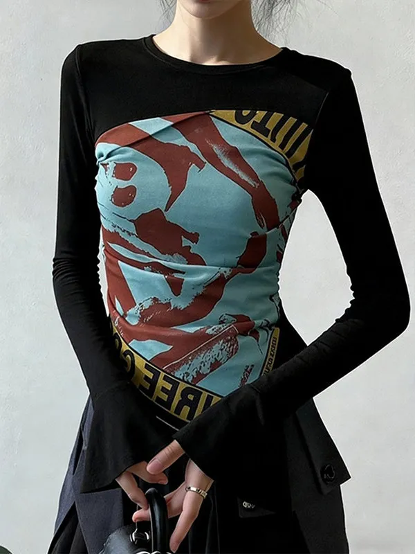 

Черная футболка Slim Fit с уникальным дизайном, модная, повседневная, с длинным рукавом и круглым вырезом, для женщин больших размеров, весна-осень