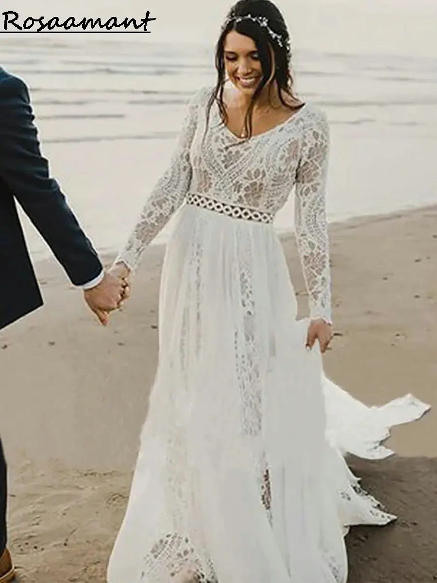 2024 Boho Country Long Sleeve A-Line Wedding Dresses V-Neck Appliques Lace Bridals Gowns