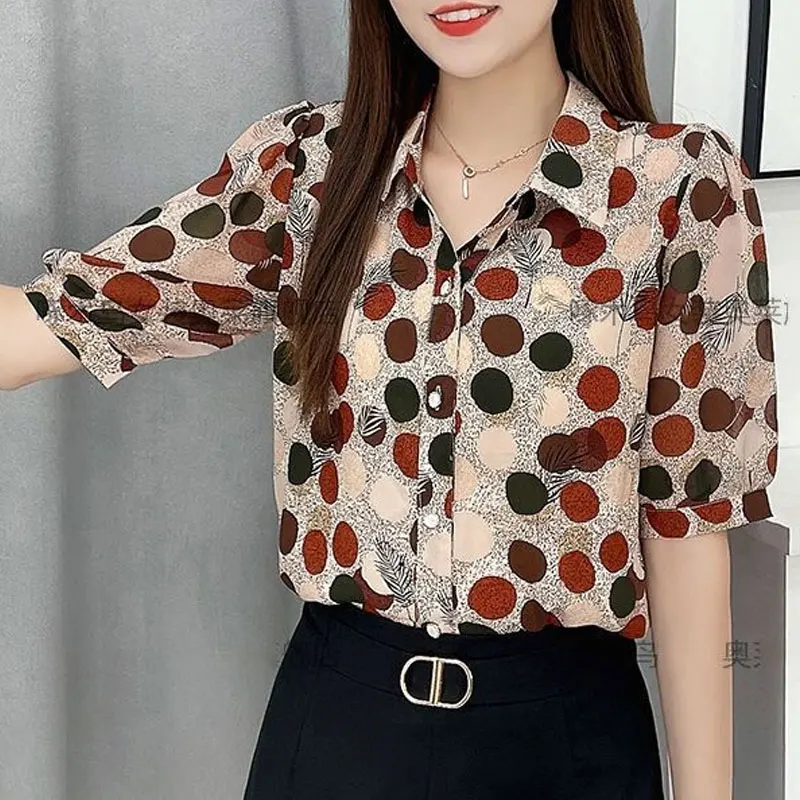 Office Lady Korean Polka Dot Shirt Women\'s Clothing Casual Single-breasted Summer New Turn-down Collar Loose Short Sleeve Blouse