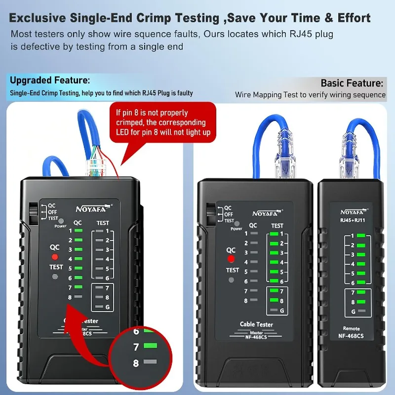 For NOYAFA NF-468CS RJ45 RJ11 Cable Tester Type-C Rechargeable 60V POE Anti-Burn Single-End Test CAT5 CAT6 UTP STP LAN Telephone