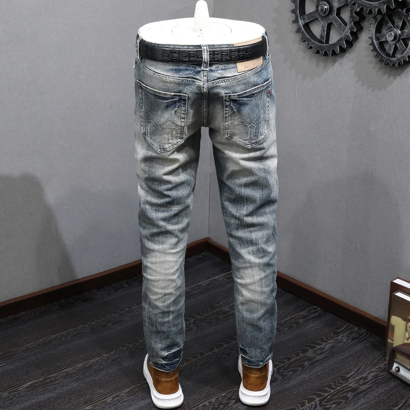 Fashion Vintage Men Jeans High Quality Retro Washed Blue Stretch Slim Fit Ripped Jeans Men Vintage Casual Denim Pants Hombre
