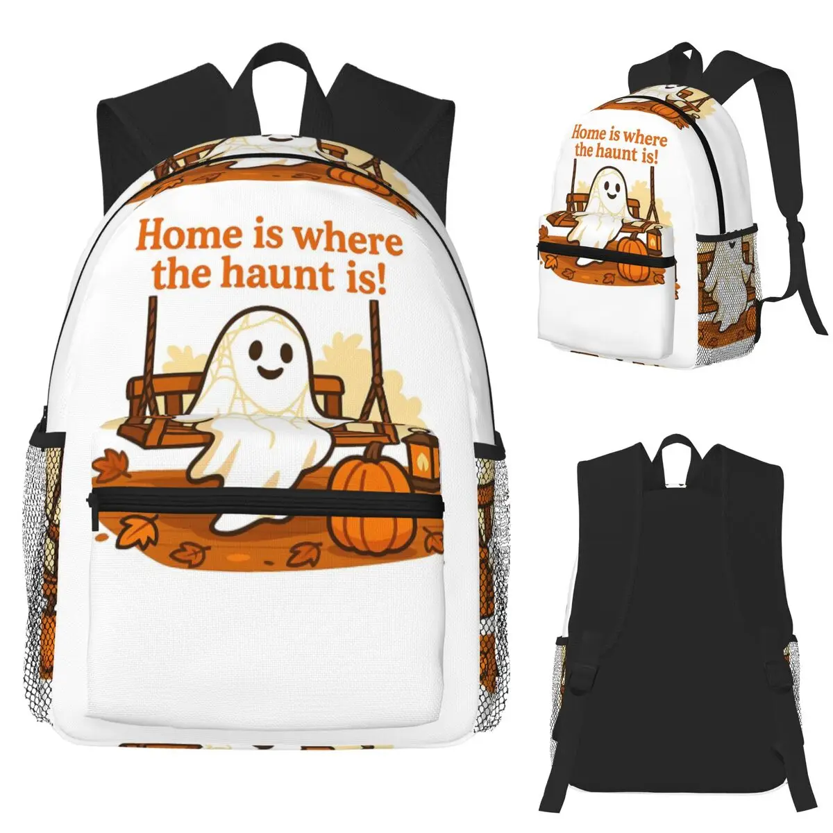 

Home Is Where The Haunt Is Cozy Halloween Porch Ghost Backpack School Bag Hiking Travel Daypack Fashion Bookbag Shoulder Bags