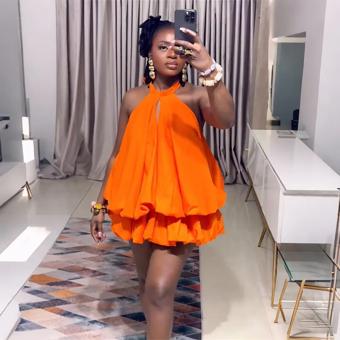 Women's Lace-Up Halter Sleeveless Backless High-Waist Ruffled Tierred Mini Dress, Solid Color, Sexy