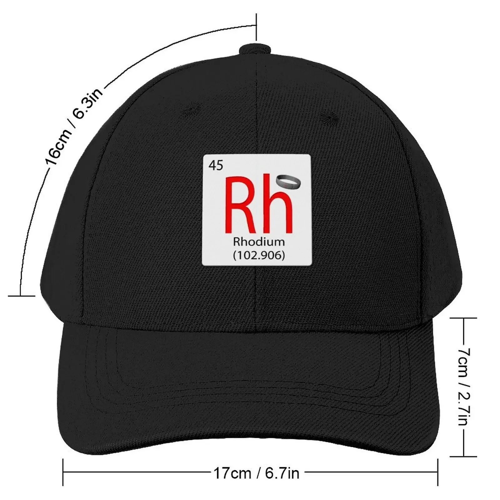 chemical element tile Rh Rhodium with a ring. Rhodium is a scarce metal and is sometime used to plate jewelry Baseball Cap