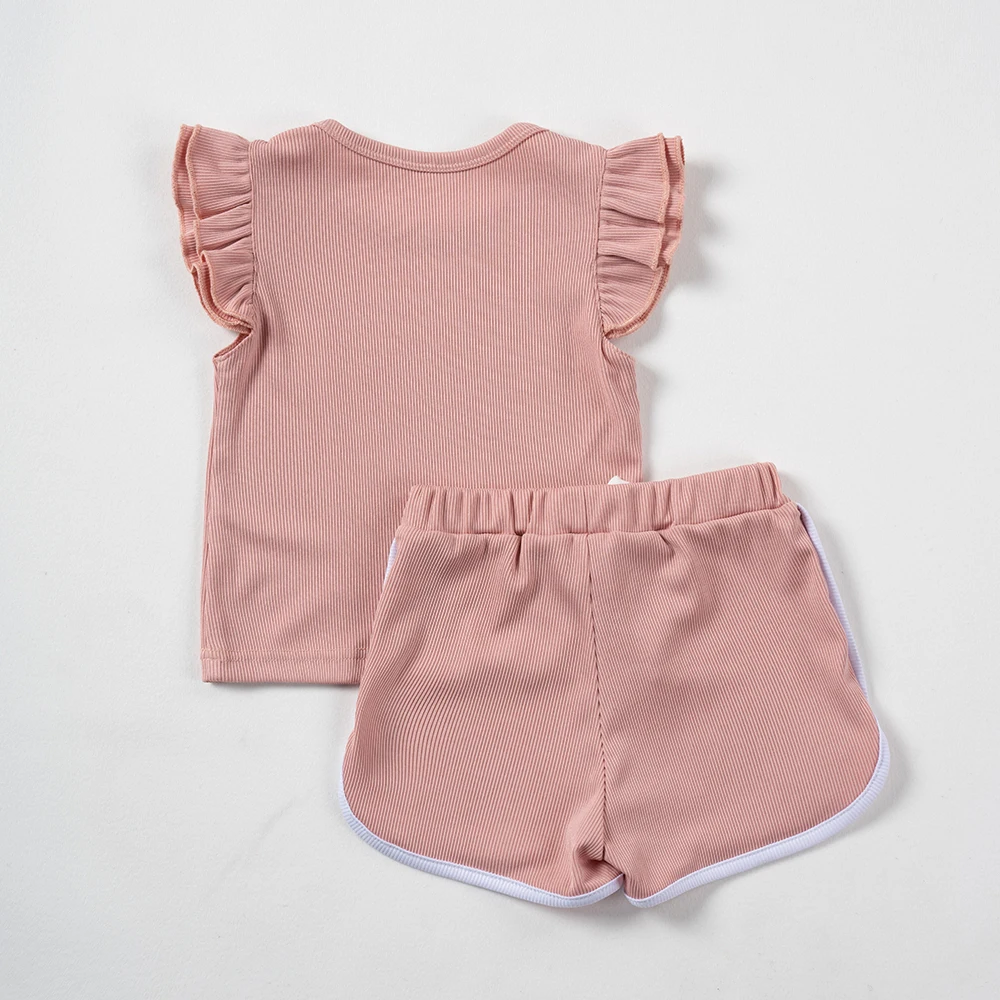 Baby Girl Set Solid Color Cartoon Little Girl Printed Ruffle Edge Short Sleeves+Shorts Set for Children's Daily Wear