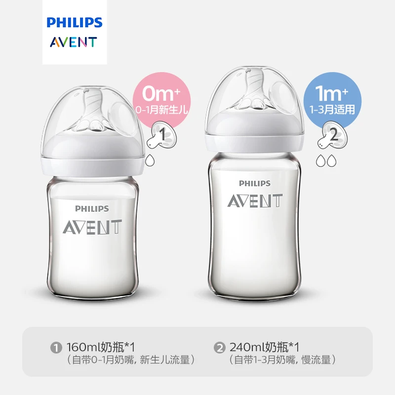 PHILIPS AVENT 0-6 months Newborn baby High boron glass milk bottle Prevention of choking Anti-flatulence 125ml+240ml Combination