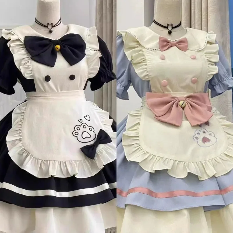 Robes de demoiselle d'honneur avec nœud Kawaii Lolita, avec tablier imprimé patte, tenue de Cosplay douce de Style japonais pour fille, Costume Anime doux à manches courtes, nouveau