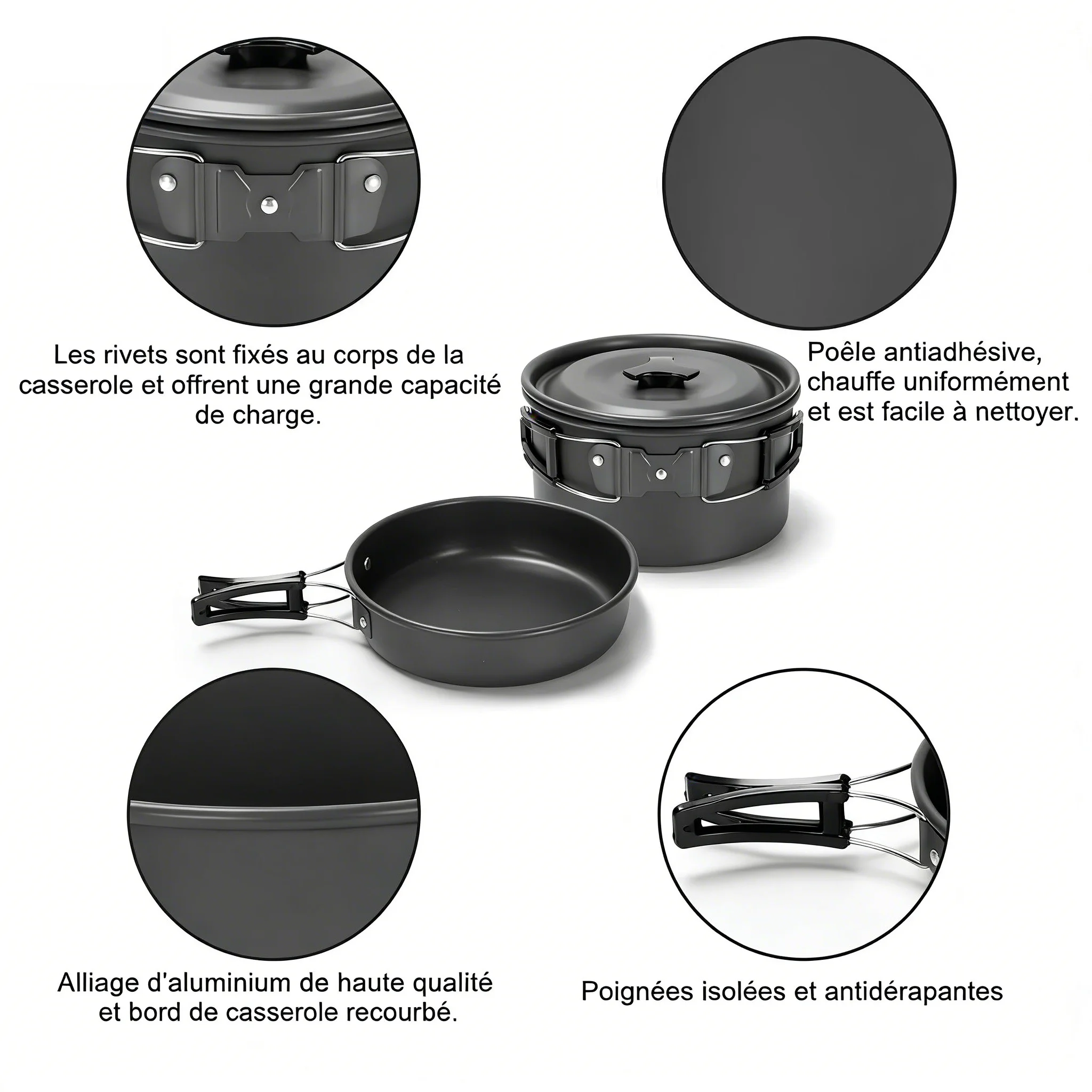 Outdoor-Camping-Kochgeschirr-Set aus Aluminium, leichtes Equipment für Outdoor-Picknicks mit mehreren Personen, einfach zu transportieren und mit Netzbeutel ausgestattet. – Detail 4