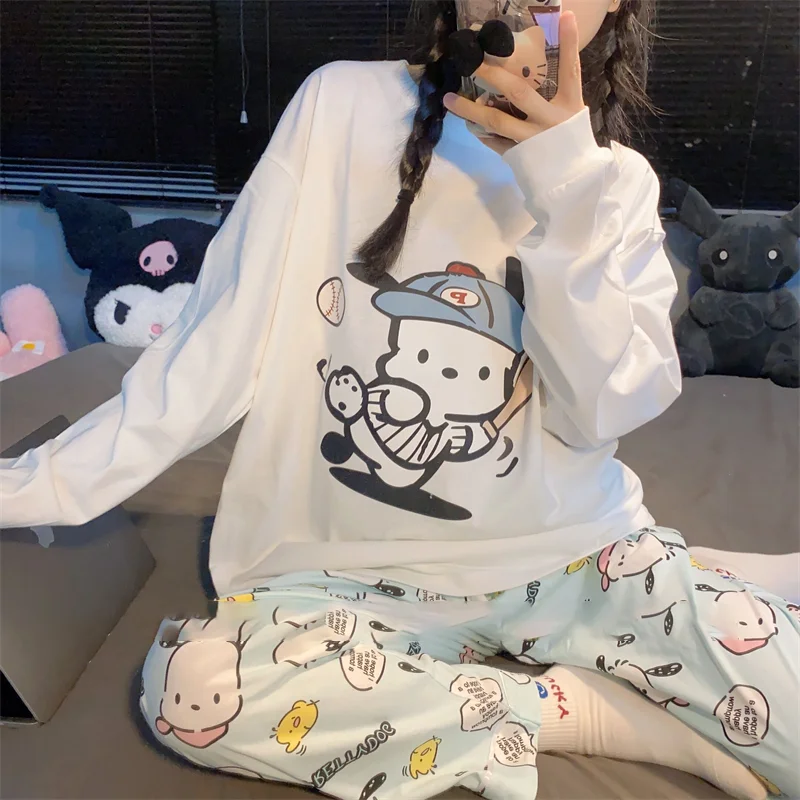 Sanrio Series POCHACCO Pajamas Anime Ladies White Cartoon Casual Family Cute Print Loose Fall Girls Pants Christmas Gift