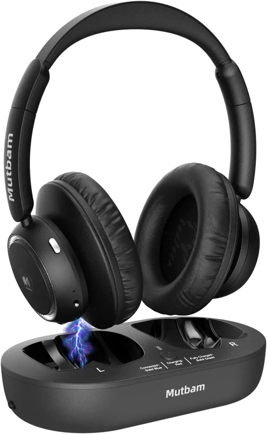 Wireless TV Headphones for Seniors with Charging Base, Perfect Audio Sync, Long Battery Life, Wide Compatibility