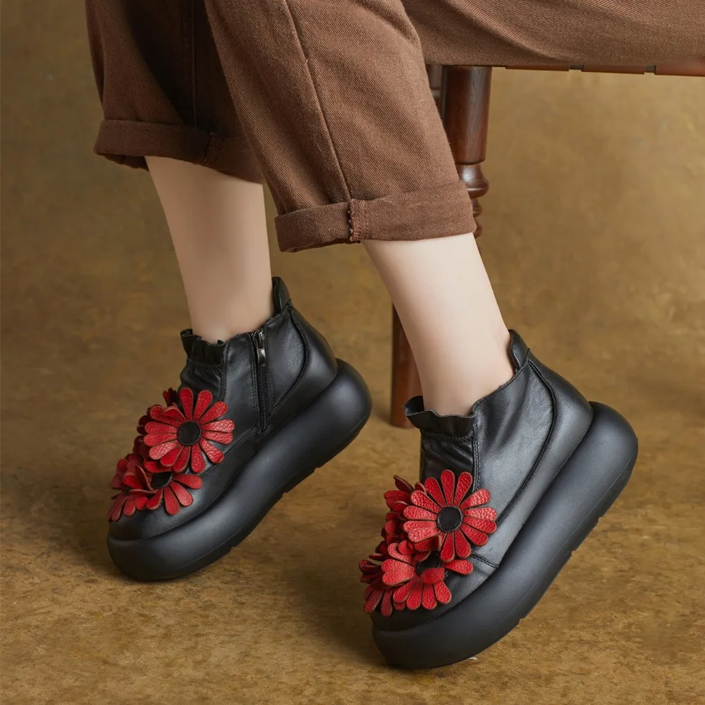 

Birkuir Retro Flat Platform Thick Heel Shoes Women Genuine Leather Flowers Shoes Ladies Side Zippers Luxury 5.5cm Heels Platform