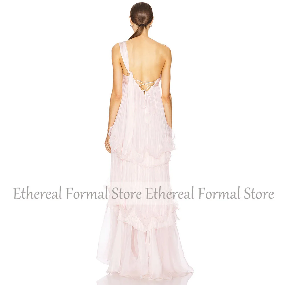Elegant สีชมพูชีฟองชุดราตรีสําหรับงานแต่งงานสายอย่างเป็นทางการข้อเท้าความยาวชุดหนึ่งไหล่แขนกุดพรหมชุด