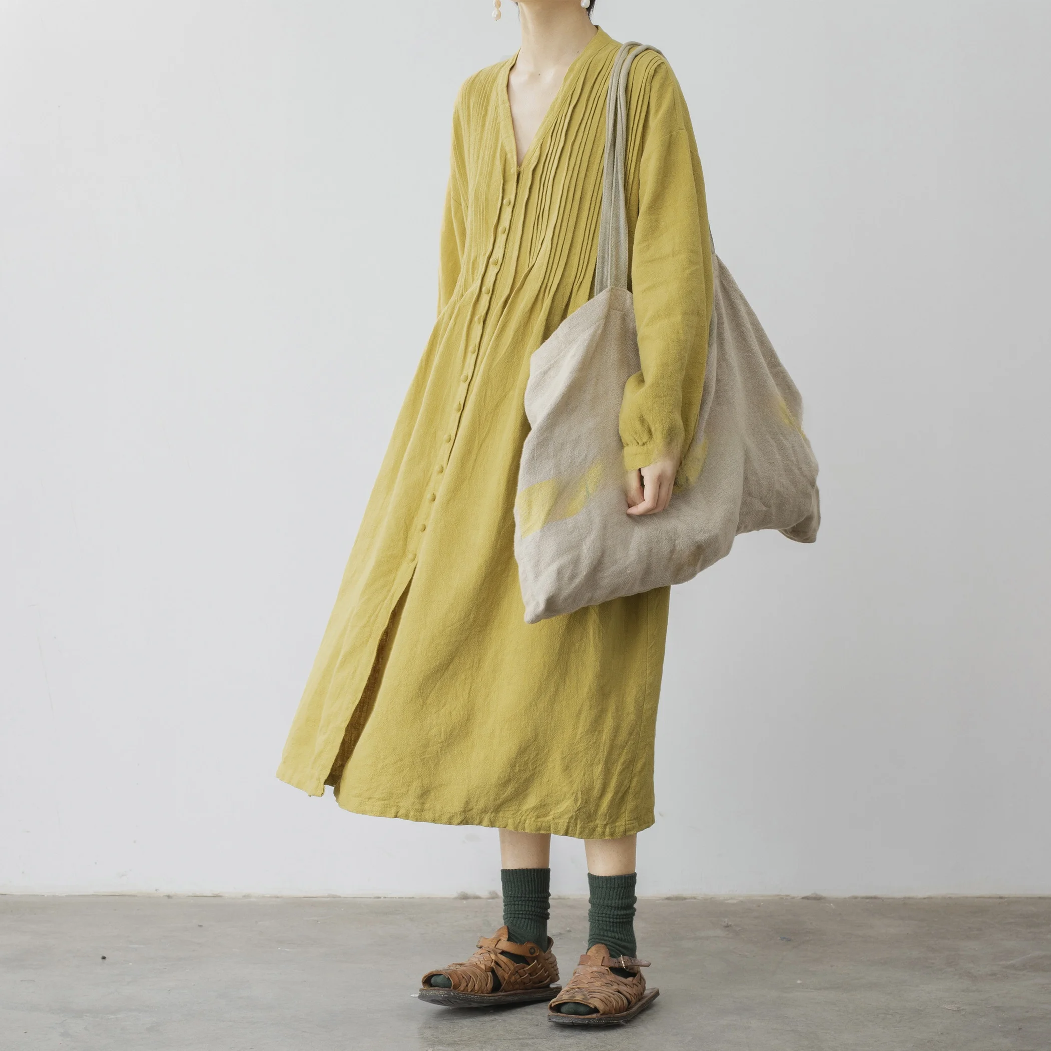 

Coudre Vintage Cotton Lin Dr with Decorative Pleats Yellow V-Ne Long Sve Long Skirt for Commute Spring Autumn