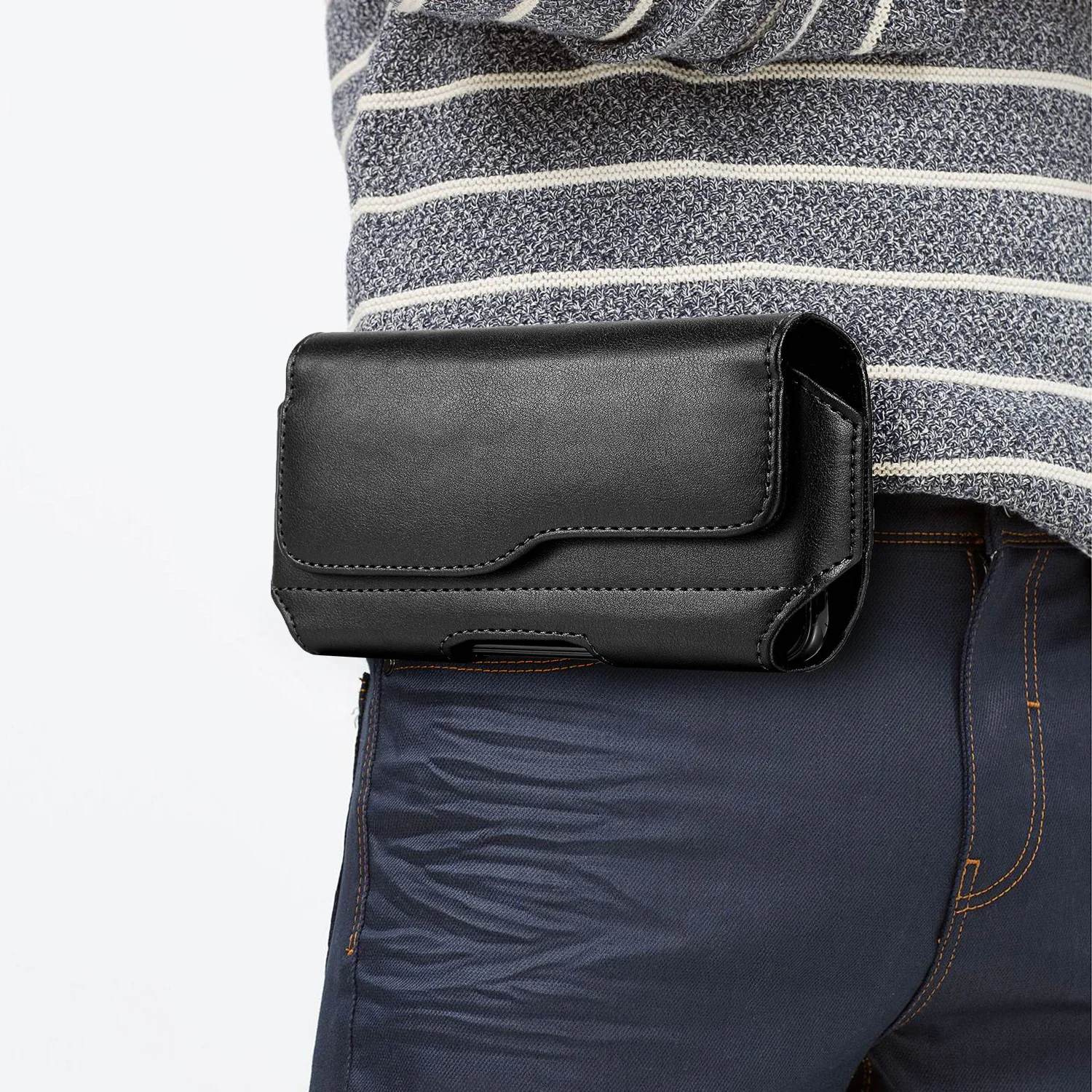 Universal 7.0-inch flip-top horizontal style durable PU leather waist bag for wearing with a belt, work waist bag