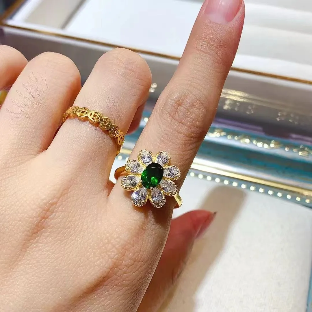 KJJEAXCMY High End Women's Ring Natural Diopside S925 Silver with Electroplating Boasting High Clarity Full Brilliance Gift