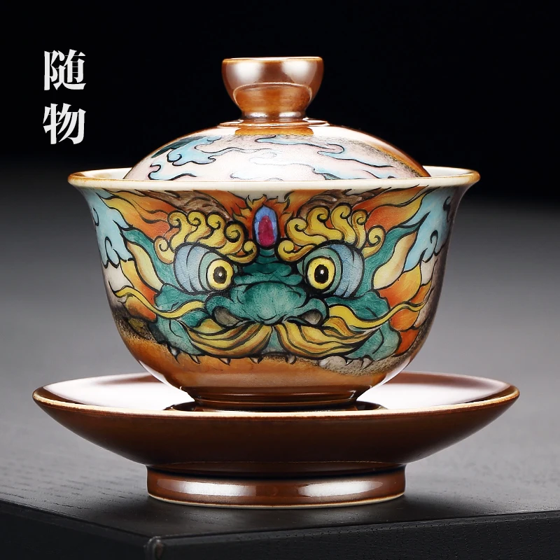 

Chaiyao Hand-painted Covered Jingdezhen CeramiC Sancai Making Bowl, Single Tea Cup, Handmade HigH-end Kung Fu