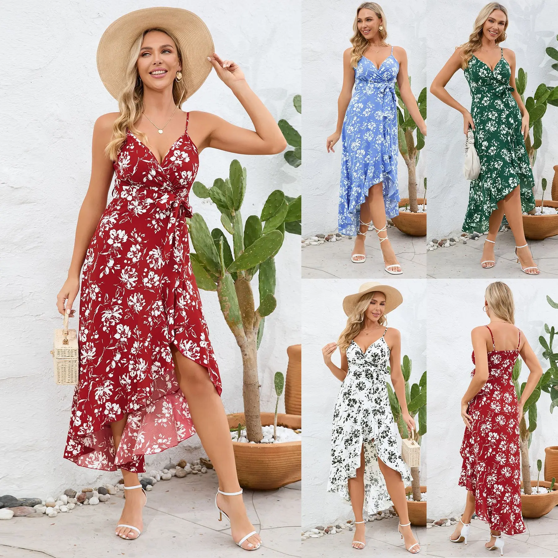 Hoge Kwaliteit Dameskleding Nieuwe Sexy Hemdje Onregelmatige Riem Jurk Hemdje Bloemen Strand Ruches Rand Jurk Vestidos Elegantes