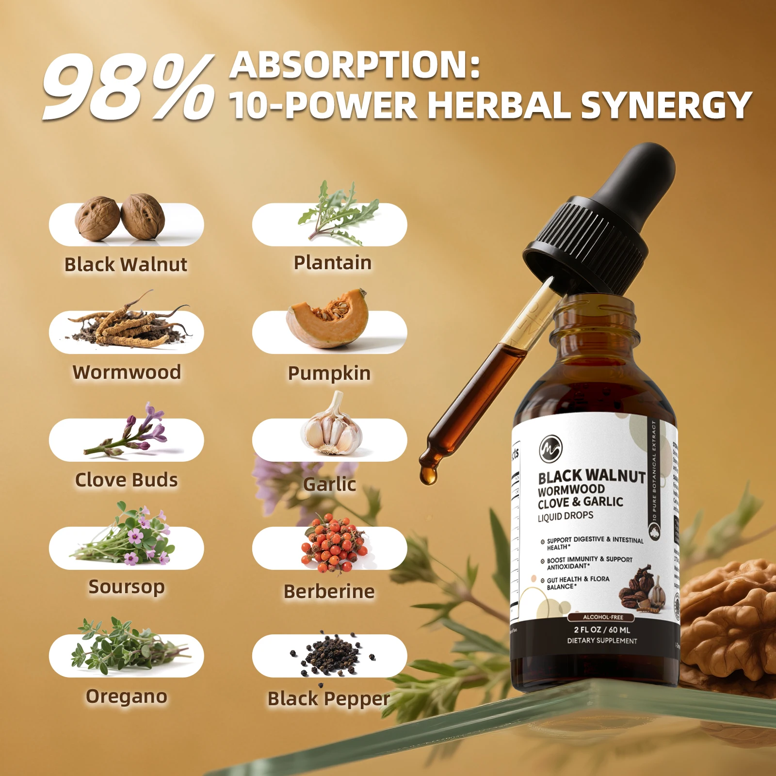 قطرات سائلة من خشب الشيح من خشب الجوز الأسود - تنظيف الأمعاء السريع وصحة الجهاز الهضمي مع البربرين، وخالية من الكحول، وصديقة للأمعاء