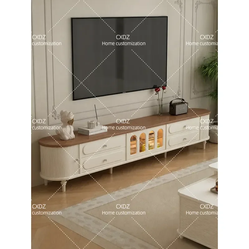 2026 New Living Room TV Cabinet Ultra Thin Cream Style Small Apartment Solid Wood Media Console Storage Unit