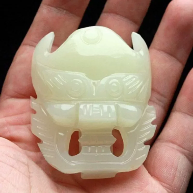 Natural White Jade Ghost Face Belt Buckle - Carved Mythical Mask Waist Clasp, Traditional Oriental Accessory & Tabletop Decor