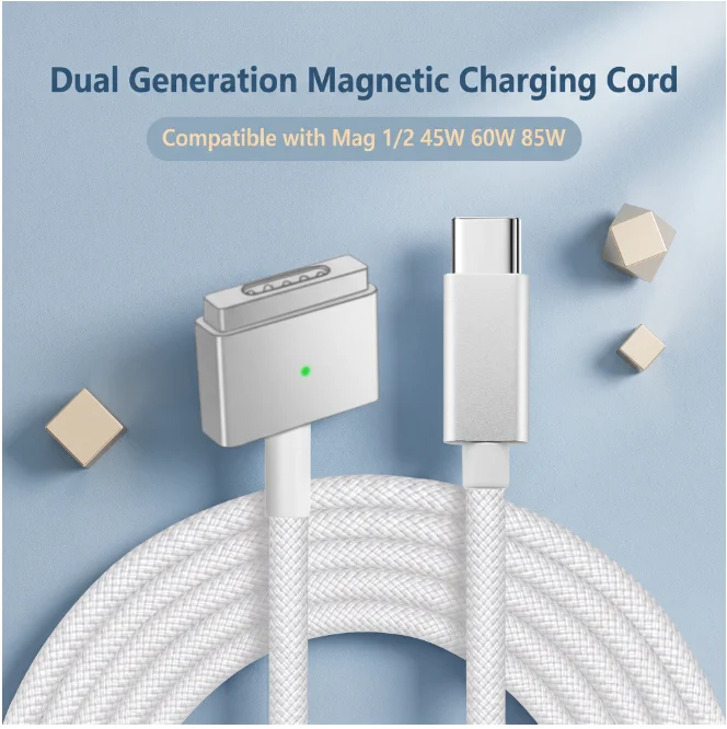 USB-C Magnetic Braided Charging Cable PD 85W Fast Charge Cord for MacBook Air Pro MagSafe 1 MagSafe 2 L/T Connector