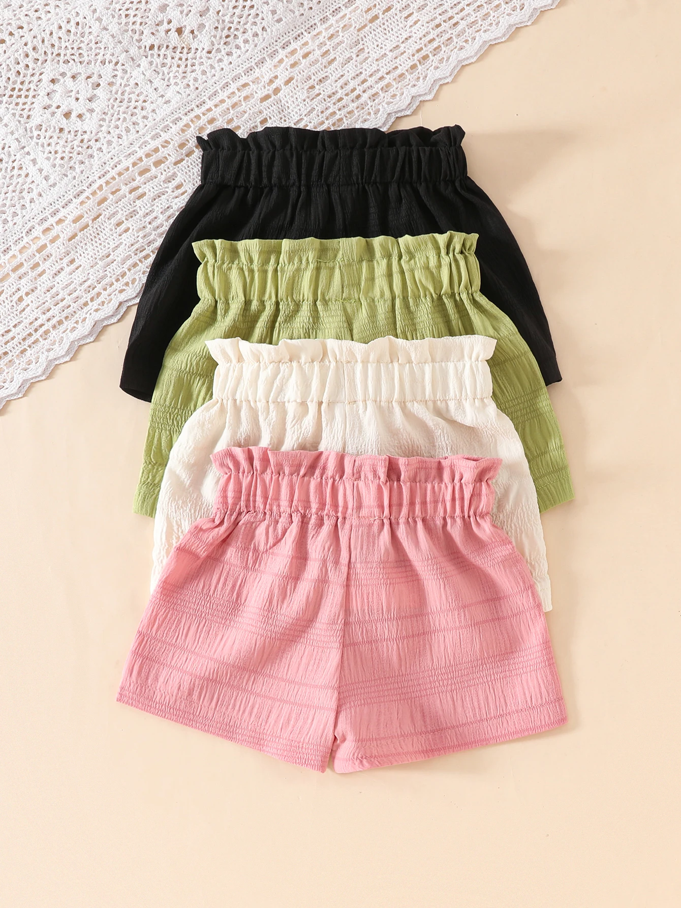 4pcs Girls' Casual Solid Color Polyester Shorts with 3D Bow Detail, Regular Fit Woven Fabric for Spring/Summer - 95% Polyester,