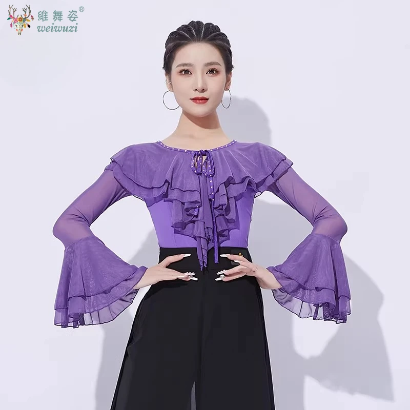 

Latin Dance Costume Comfortable and Breathable Black Mesh Long Sleeved Top Modern Waltz Tango Dancing Practice Clothes Top