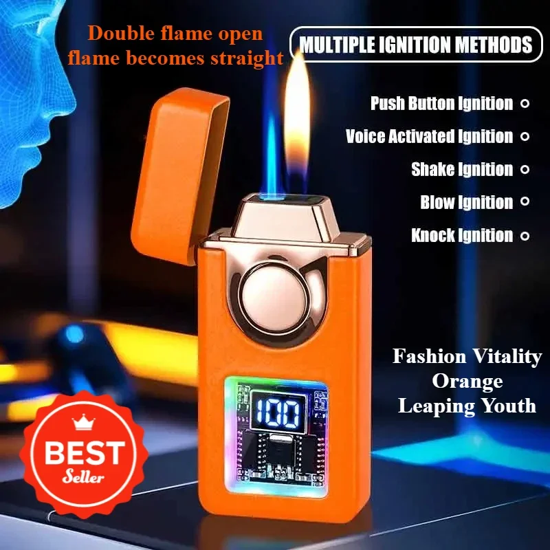 USB voice controlled ignition gas lighter, color light, battery display, open flame direct charging dual flame electric lighter