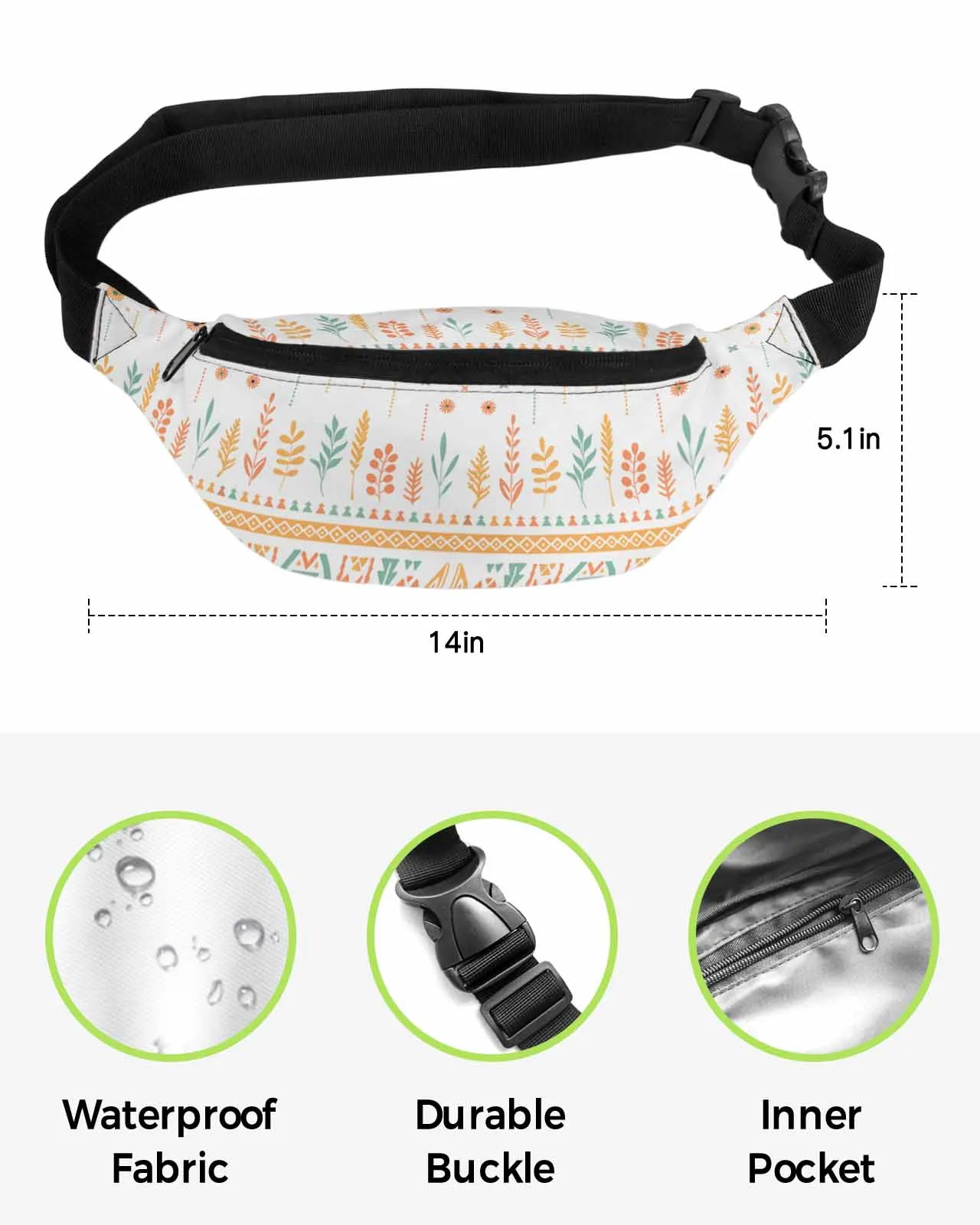 Aztec Navajo Flower Grass Tribe  Men Women Waist Bag Fanny Pack Belt Bag Wallet Pouch Waterproof Banana Hip Bags