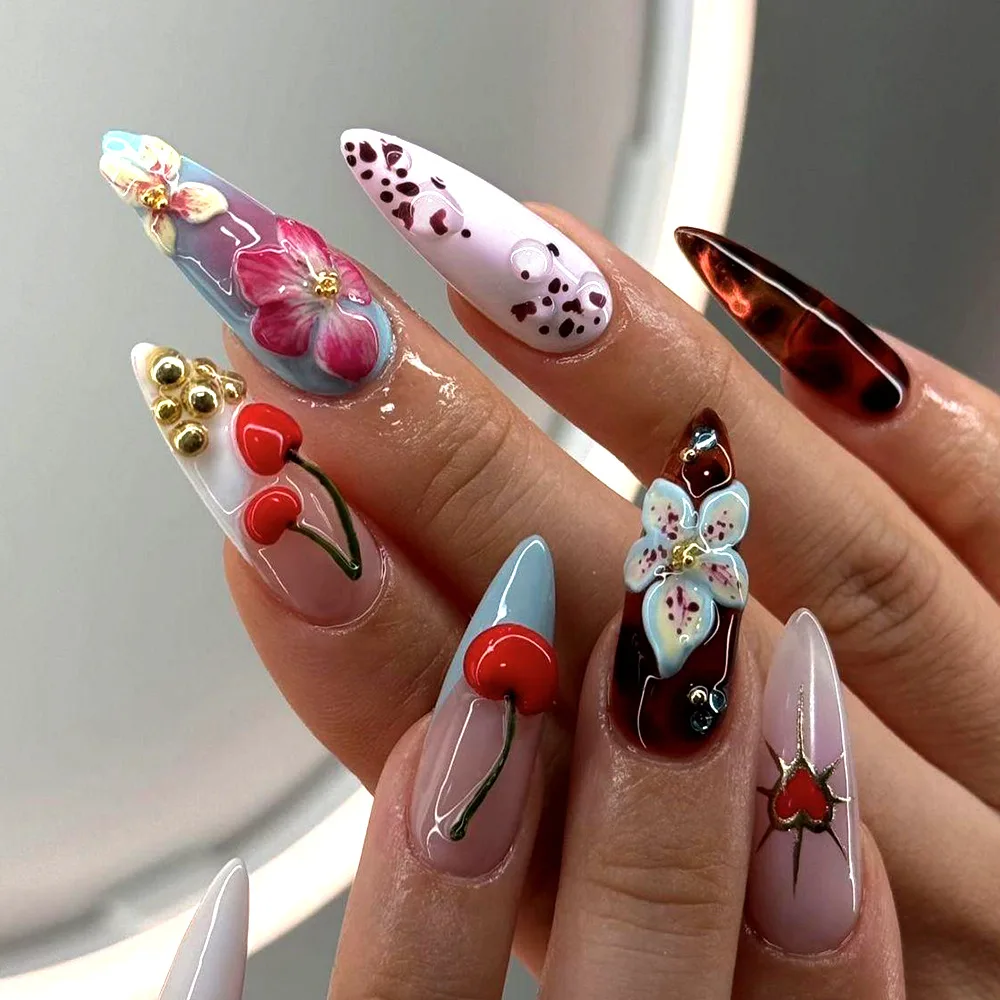 24pcs Fashion Flower False Nails Wearable Cherry Pearl Colorful Long Almond Fake Nail French Leopard Print Design Press on Nails