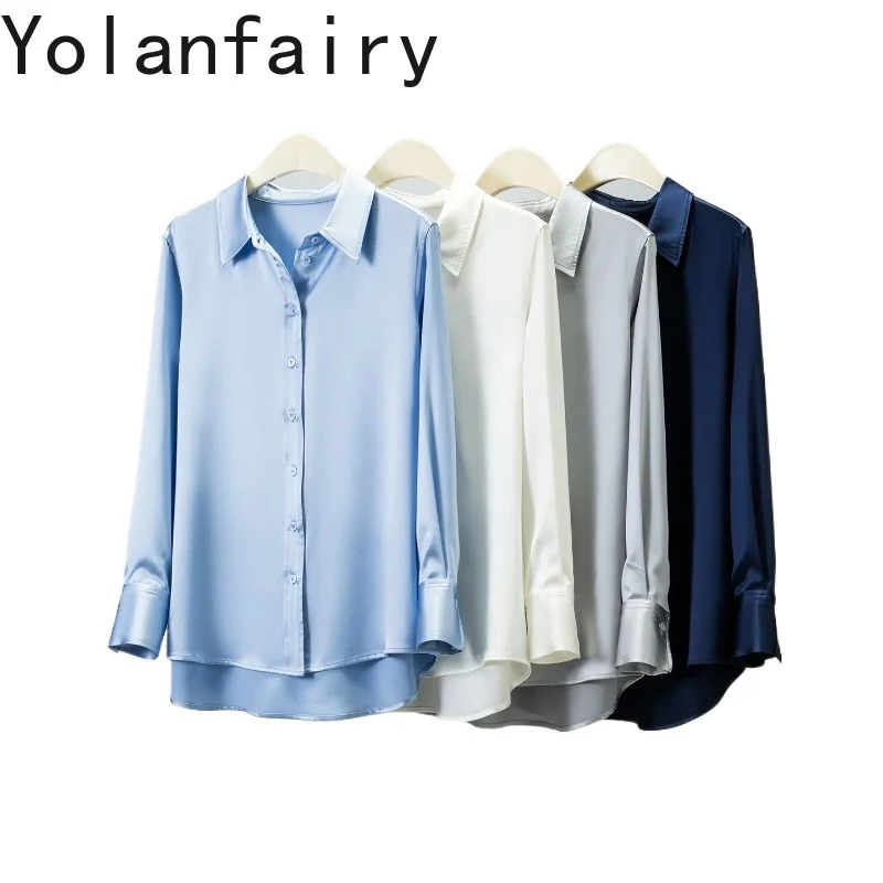 

YOLANFAIRY Роскошная женская блузка из 100% натурального шелка тутового шелкопряда, 30 мм, элегантный атласный топ с длинным рукавом, женские рубашки и блузки