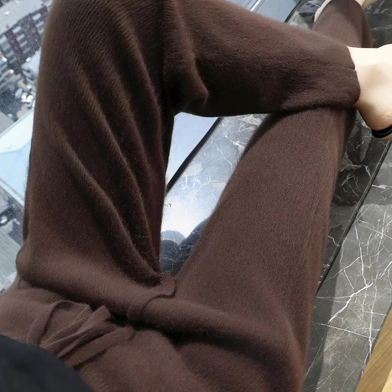 لينة مريحة الخريف والشتاء 100% المنك الكشمير السراويل عالية الخصر أسلوب بسيط تريكو مكتب سيدة مرونة الخصر بنطلون