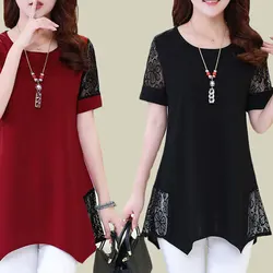 Stylish Lace Patchwork Midi T-shirt Casual Irregular Summer Solid Color Short Sleeve Women's Clothing Loose Elegant Pullovers