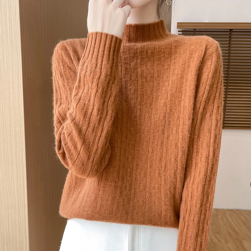 Classic Positive&negative knitting Pullover 100% pure Wool Sweater Half height Neck Long Sleeve jacquard weave Clothing Tops