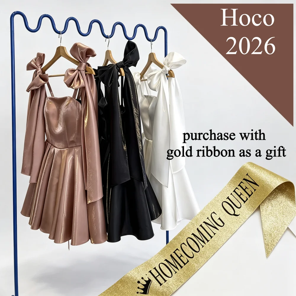 Heimkehrkleid Glänzendes Cocktailkleid mit Schleifenbändern Satin-Abendkleider, Quadratischer Ausschnitt, A-Linie Mini-Partykleid für Damen