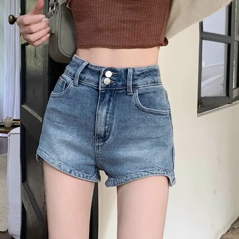 

Denim Shorts for Women with High Waist Double-breasted Retro Old Irregular Stretch Hip Hot Pants
